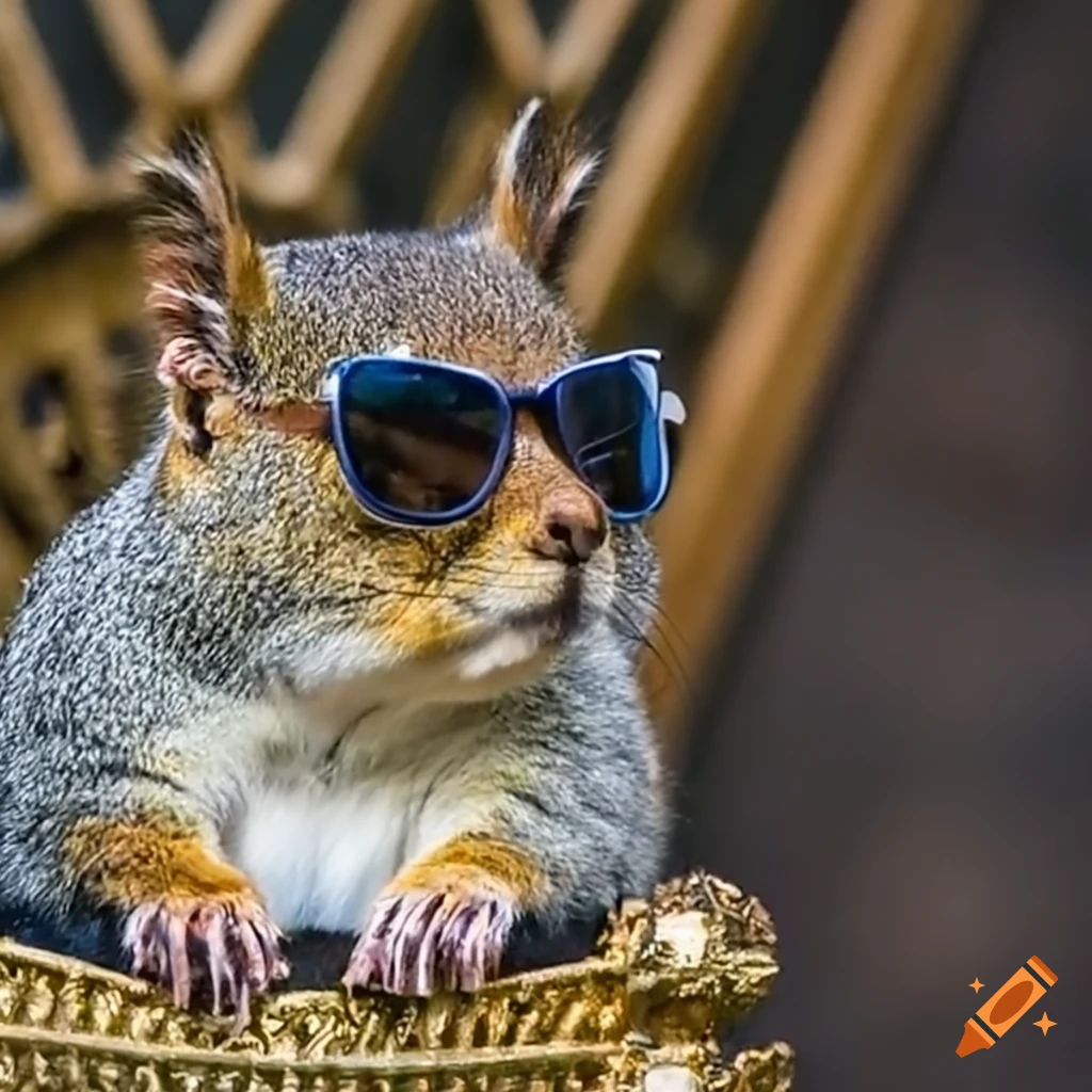 Squirrel wearing sunglasses sitting on a throne