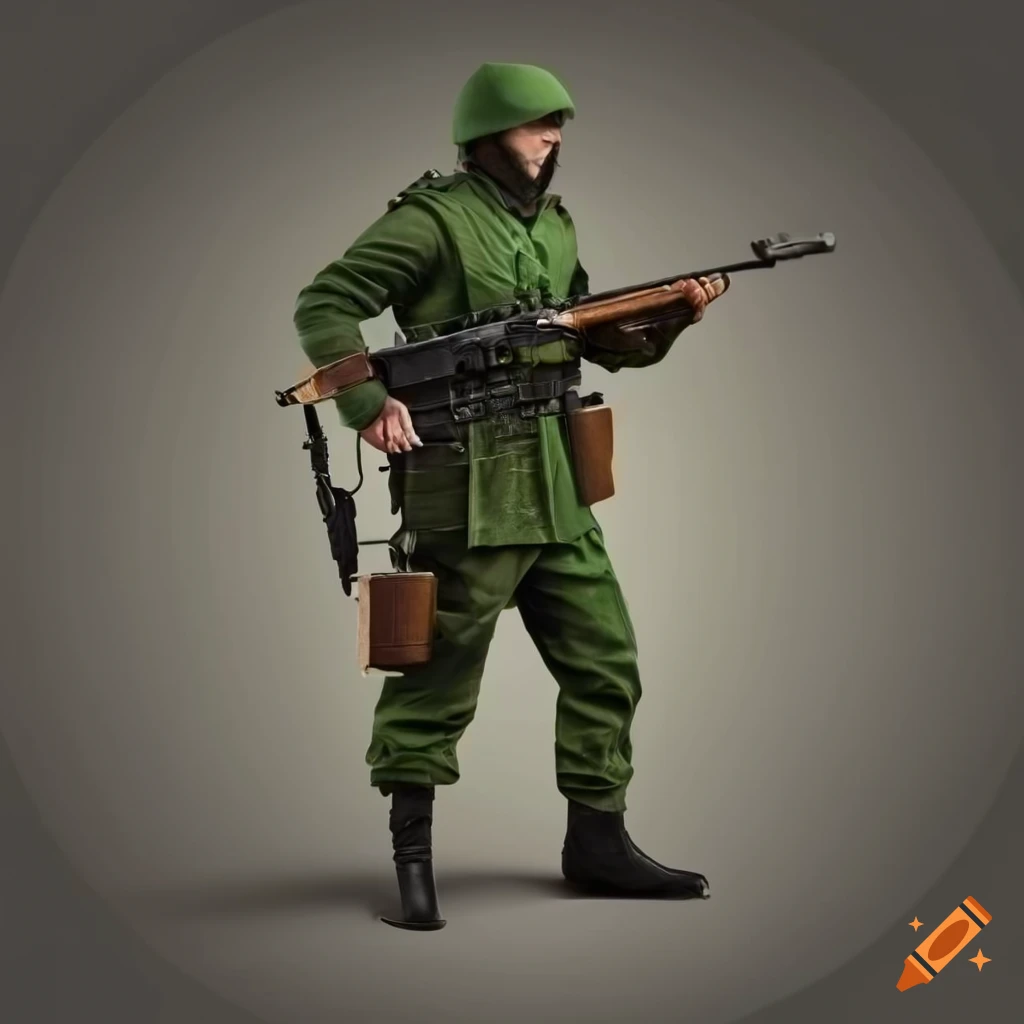 Concerned soldier in green tunic aiming weapon at uncertain threat