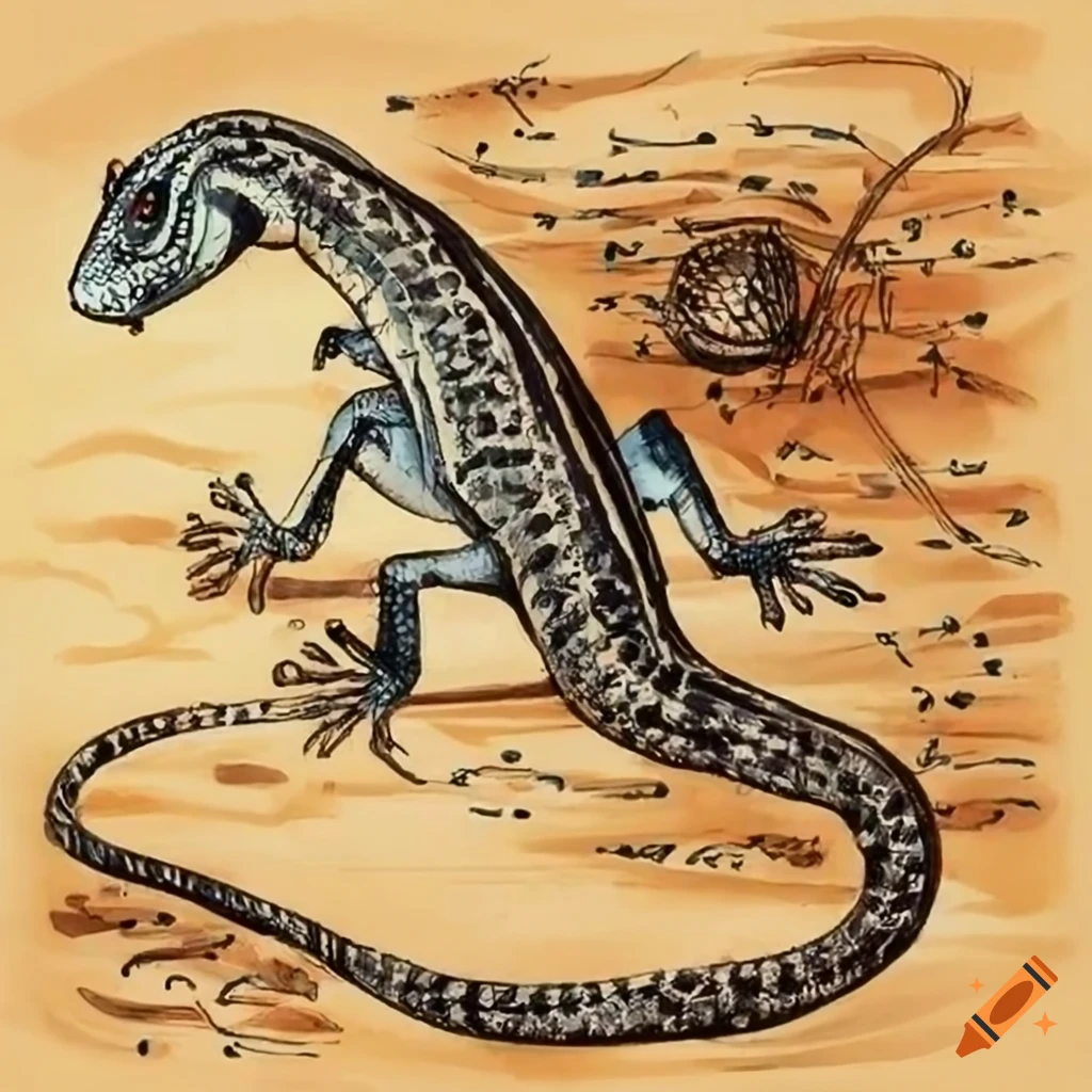 Lizards drinking at a desert oasis in an ink drawing