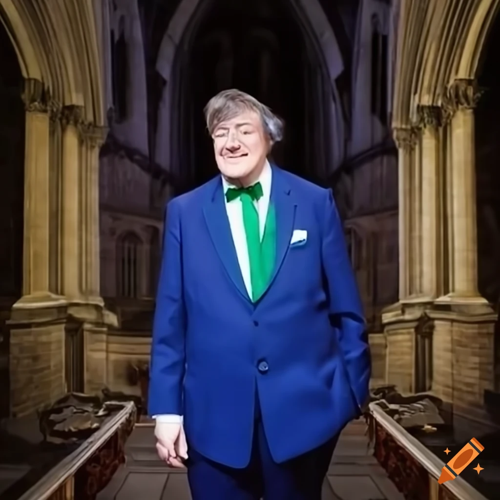 Stephen Fry in blue formal attire and green tie standing in a cathedral at night