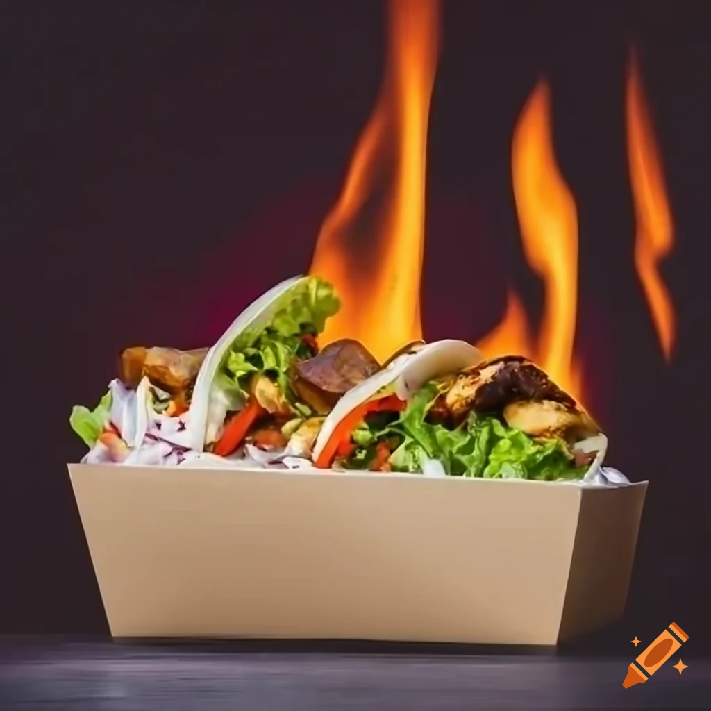 Salad box with chicken shawarma on a flame background
