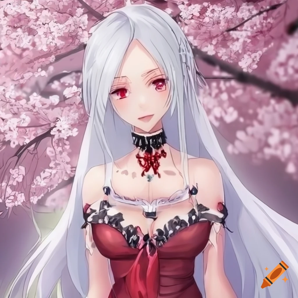 Anime vampire girl with white hair and flowy dress in a palace with cherry blossoms