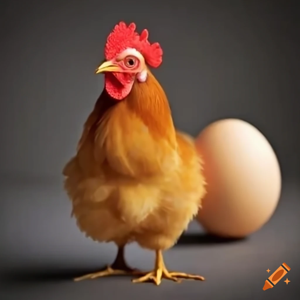 Two cute chickens playing with eggs in the countryside