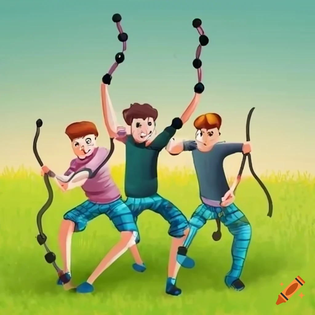 Three friends playing tug of war with giant black beads in a meadow