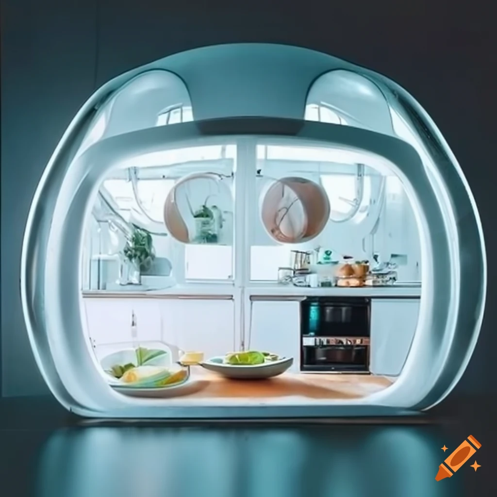 Retro-futuristic space colony pod kitchen with Japanese design
