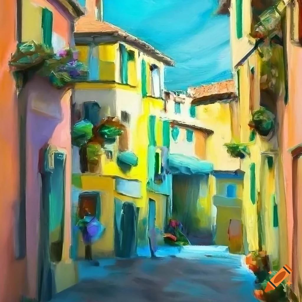Expressionistic oil painting of a sleepy italian waterside village at