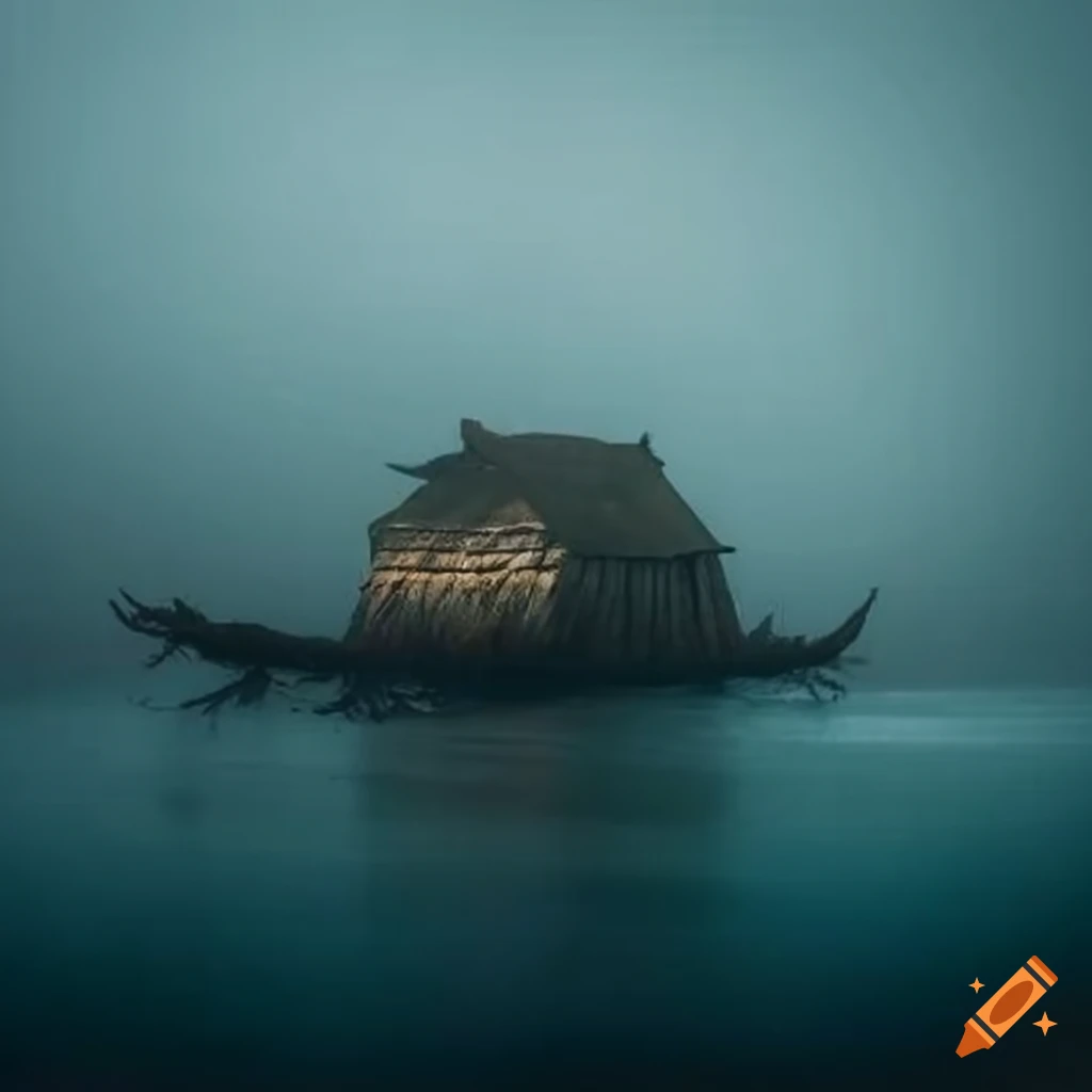 Primitive ark weathering a stormy ocean in mist