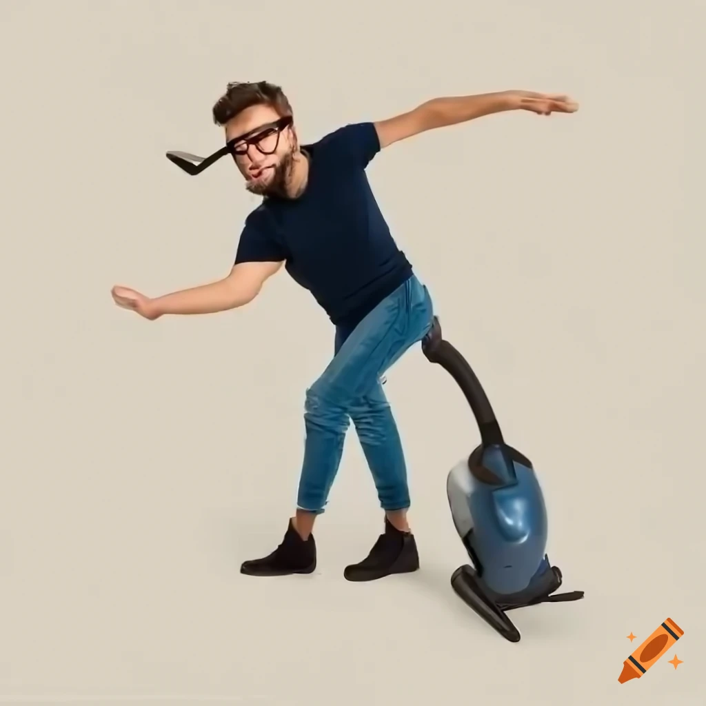 Angry man in thick framed glasses jumping on a vacuum cleaner