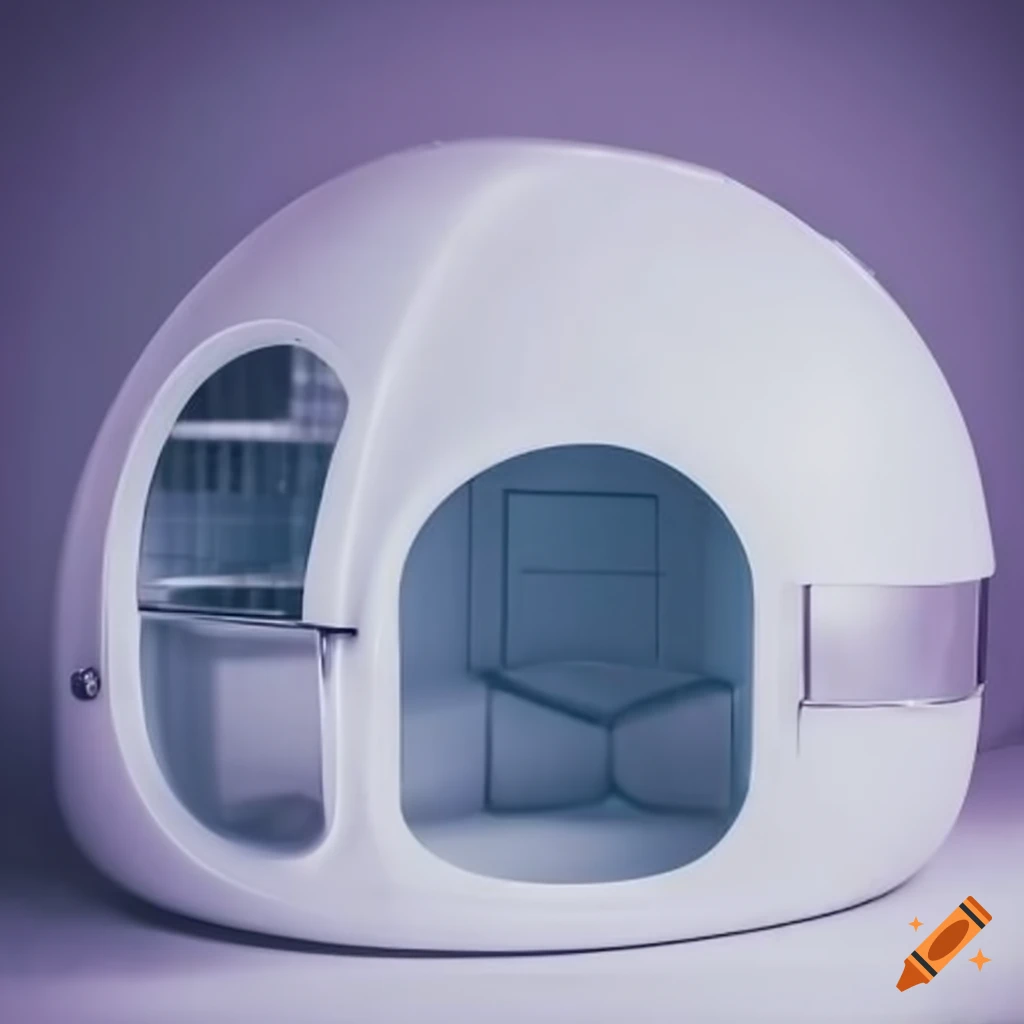 Retro-futuristic space colony pod kitchen interior with Japanese style design