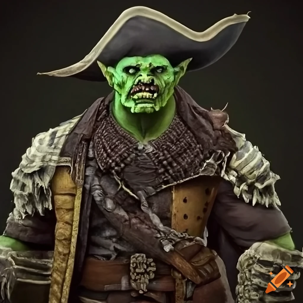 Half orc pirate with a friendly yet intimidating expression and a pirate tricorn hat