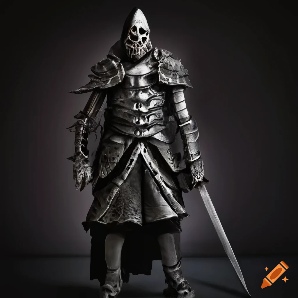 Tall undead figure in black armor with a sword on a black background