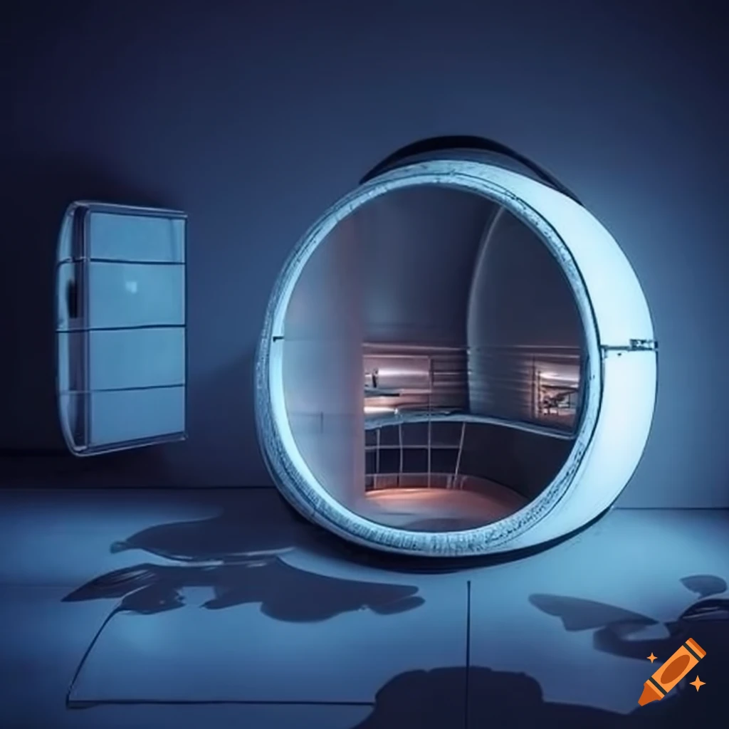 Retro-futuristic space colony pod interior with Japanese-inspired design