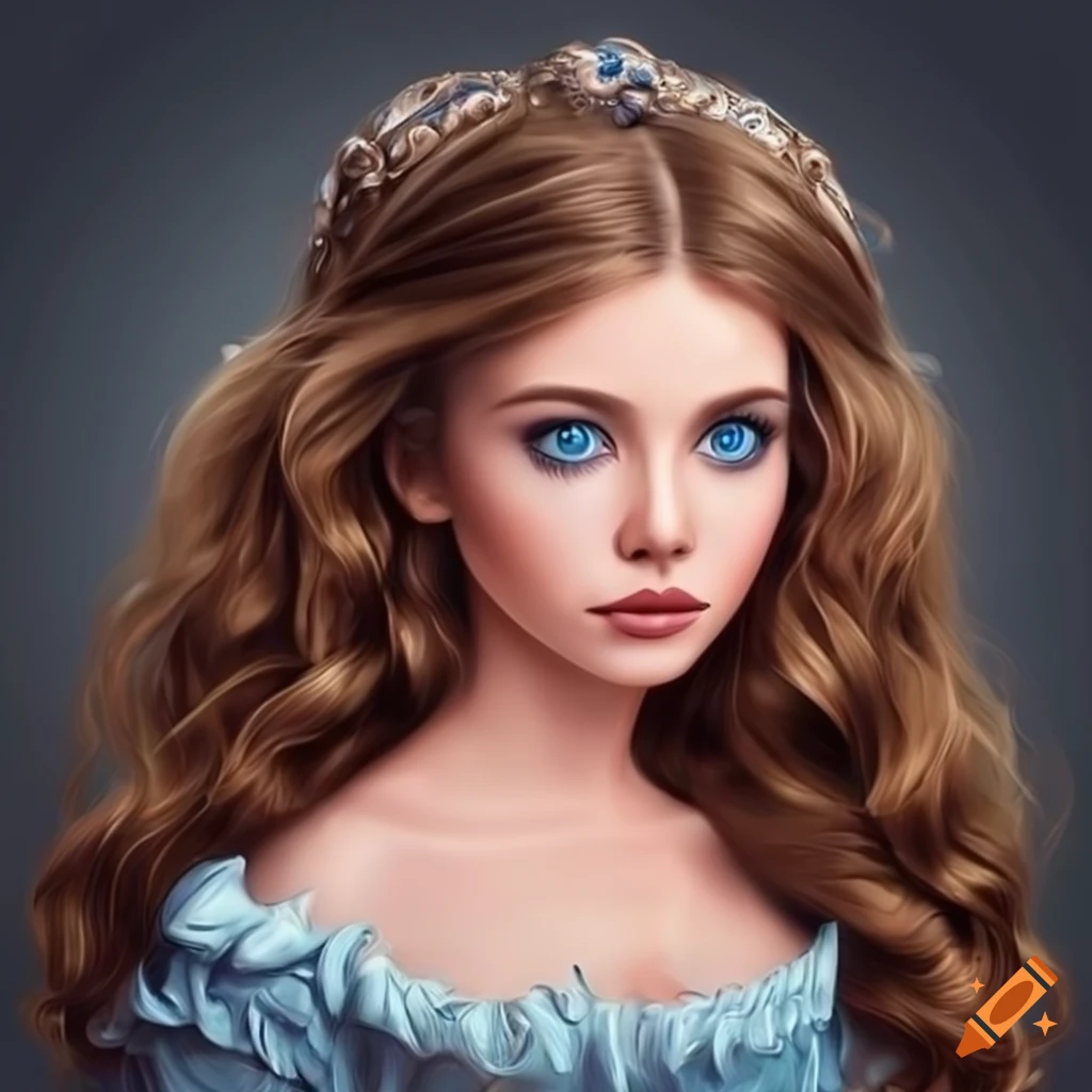 Disney-inspired hyperrealistic woman with wavy brown hair and bright blue eyes in period clothes