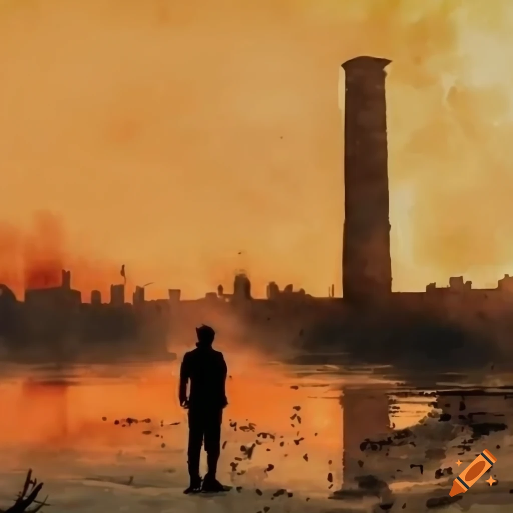 Silhouette of a man contemplating ruins of a historic factory by the water at sunset