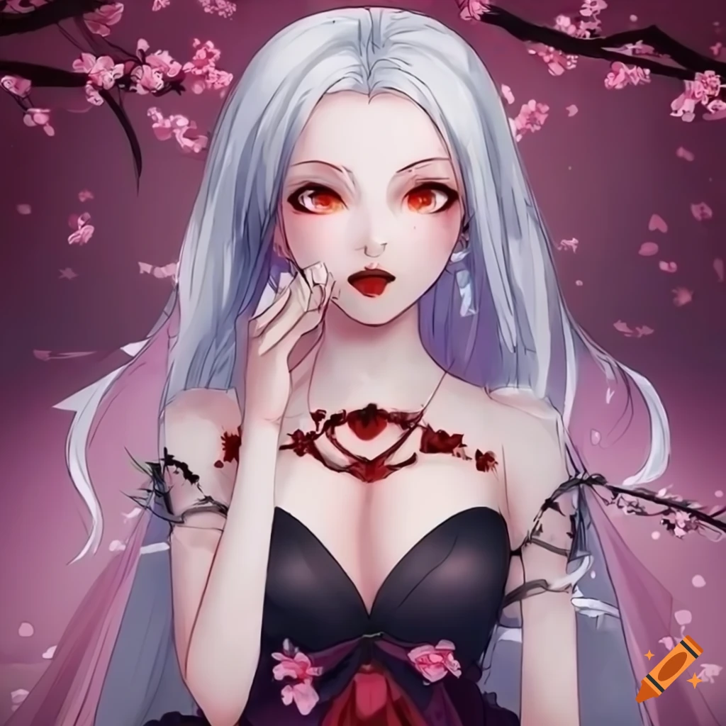 Anime vampire girl with white hair and flowy dress in a palace with cherry blossoms