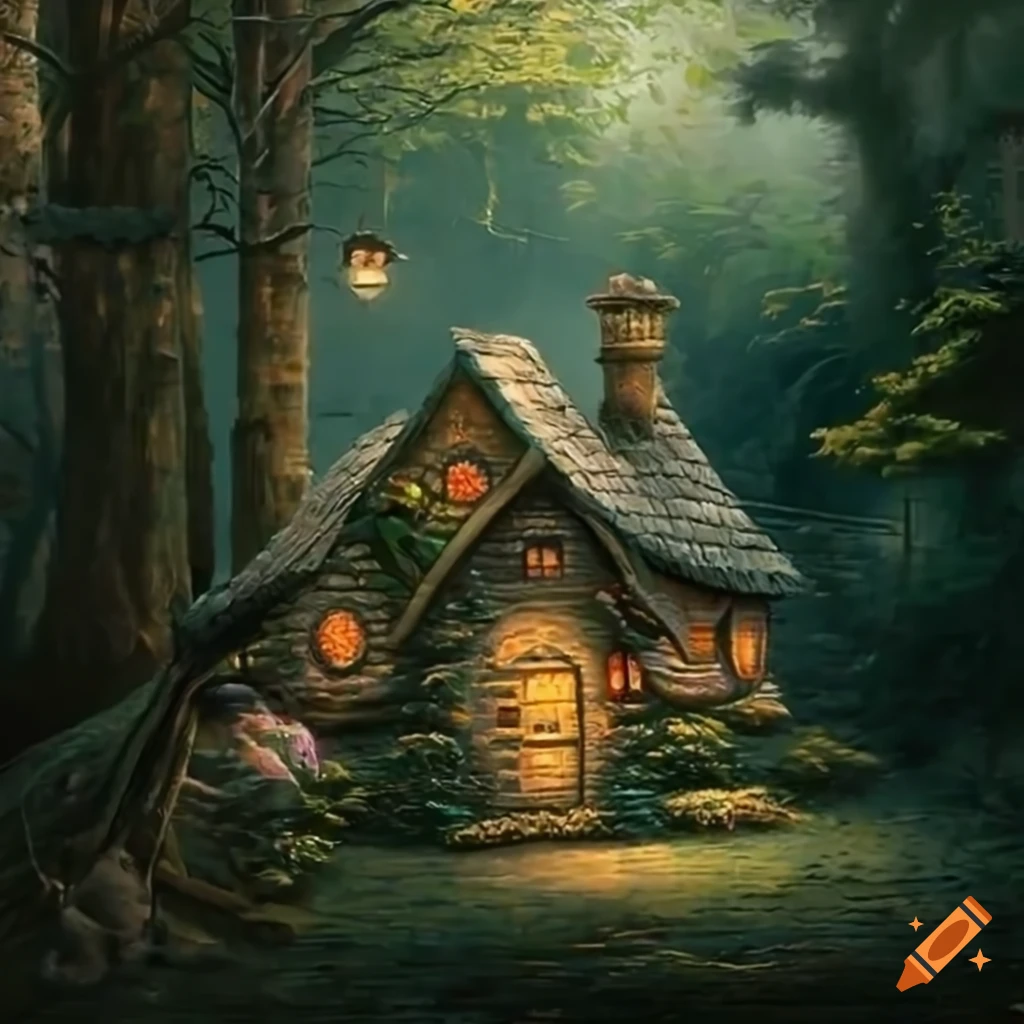 Thomas Kinkade dark academia fairy house in the forest