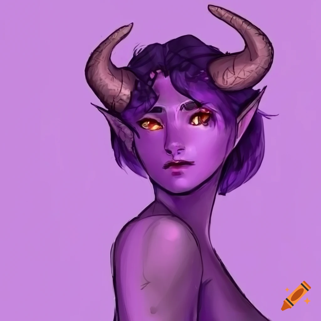 27yearold female tiefling with short wavy purple hair and red eyes