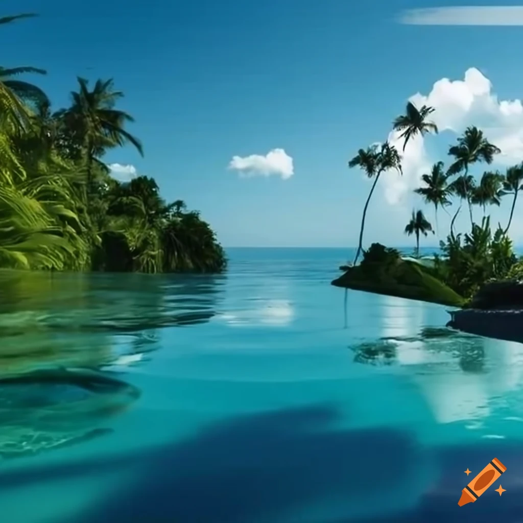 Infinity pool in a tropical setting with palm trees and ocean view