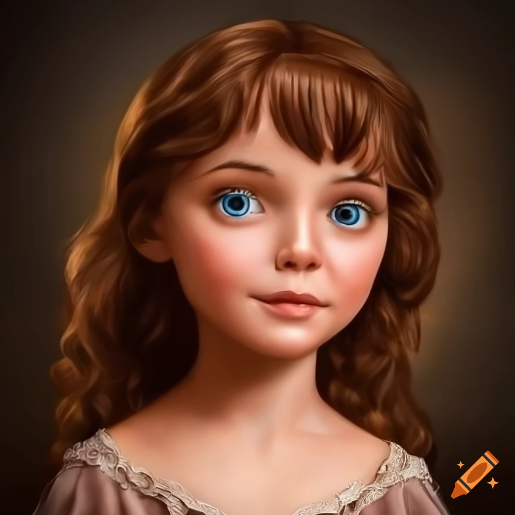 Disney-inspired hyperrealistic woman with wavy brown hair and bright blue eyes in period clothes