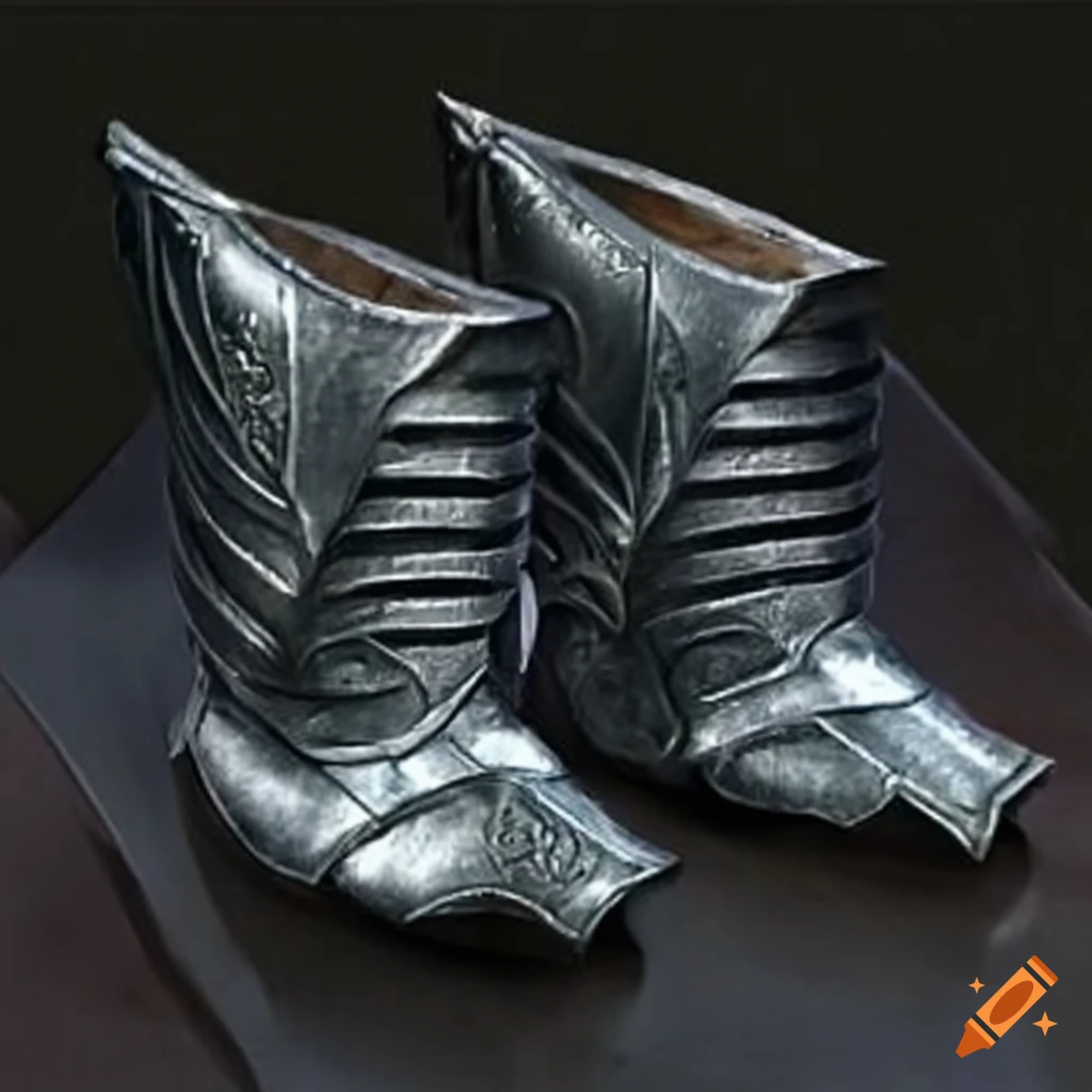 Mithril-plated medieval knight boots with a mystical aura for RPG adventures