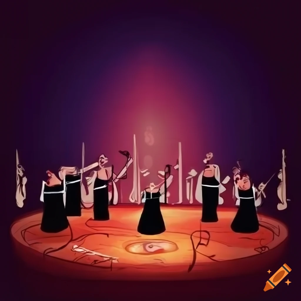 Choir singing on stage with music notes drawings