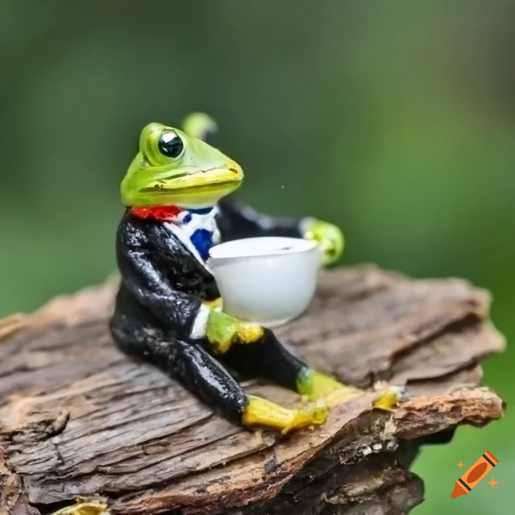 Anthropomorphic frog in tuxedo drinking tea on a log in miniature diorama
