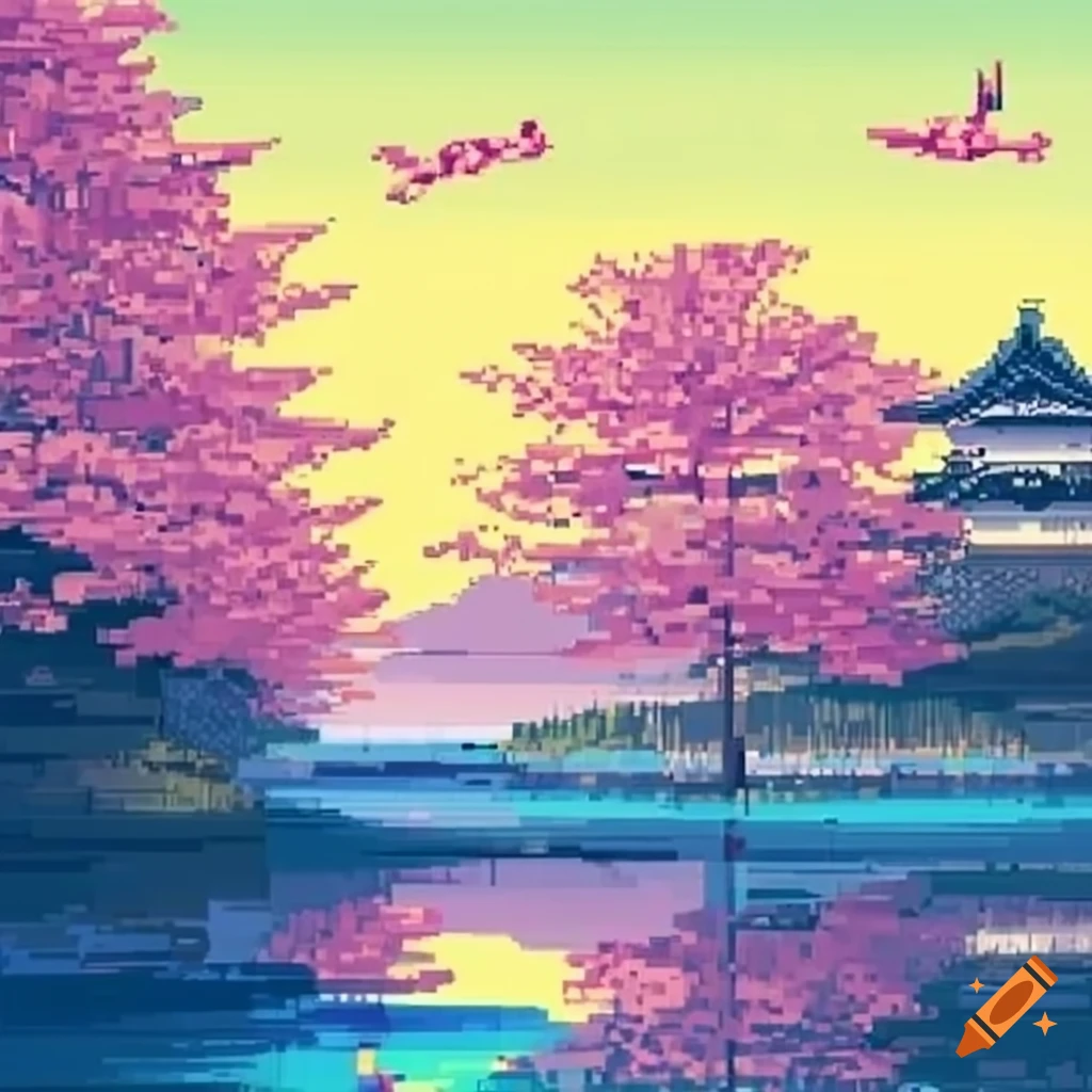 Japanese castle interior with cherry blossom trees by the river and birds in pixel art