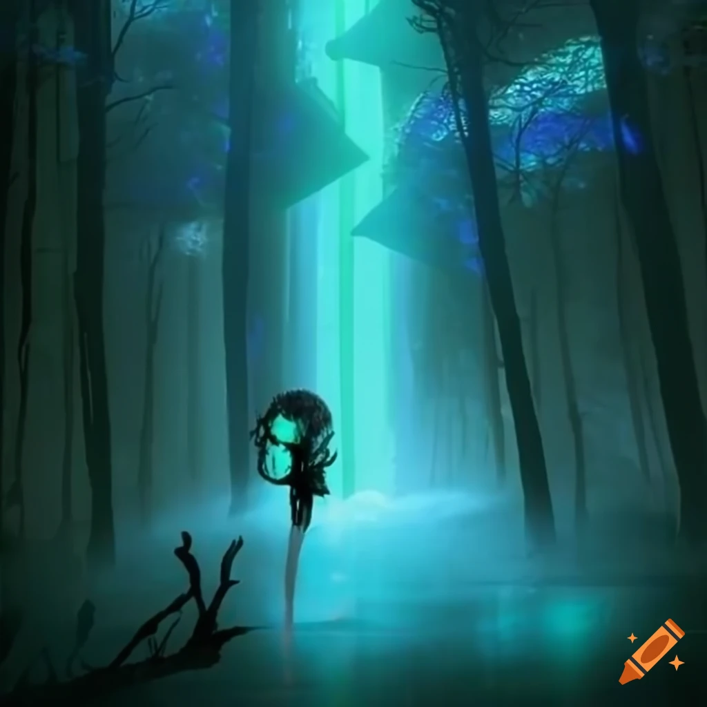 Surreal forest where nature and technology merge with bioluminescent trees