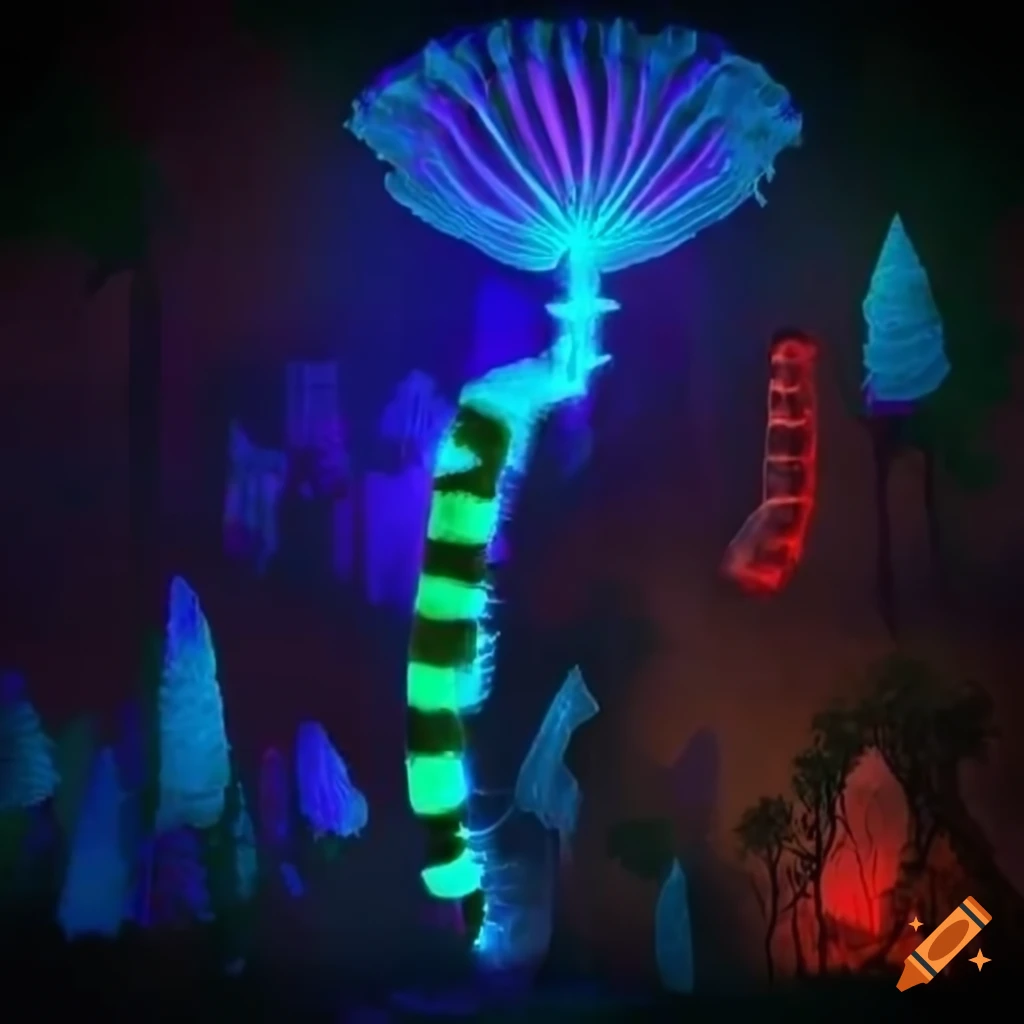Biopunk paradise with glowing bioluminescent trees merging nature and technology