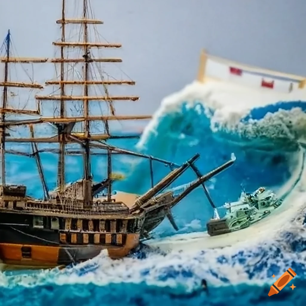 Miniature diorama of a ship colliding with a tsunami