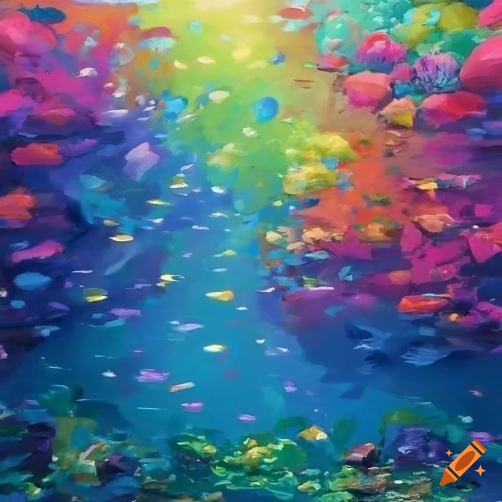 Rainbow-coloured underwater landscape in a sci-fi realism rough sketch