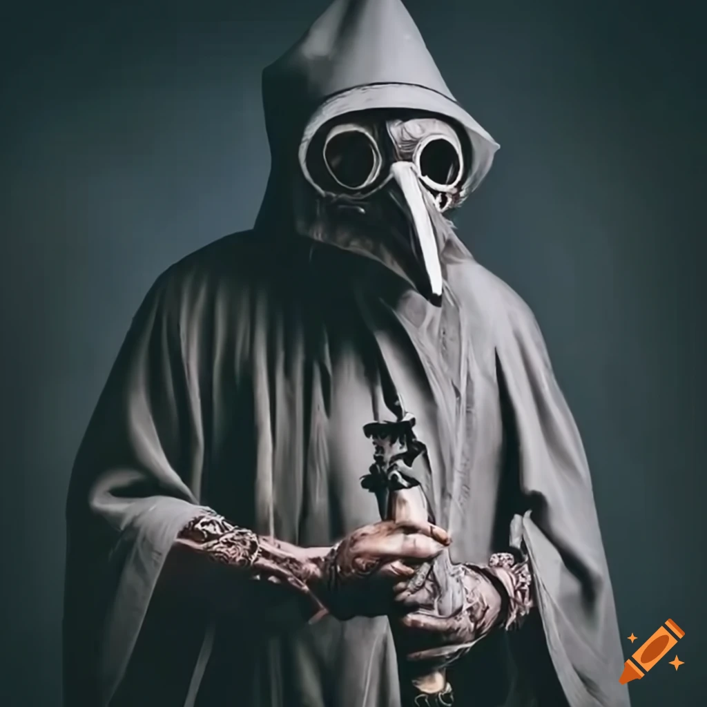 Realistic wizard with spear-like staff and plague doctor mask