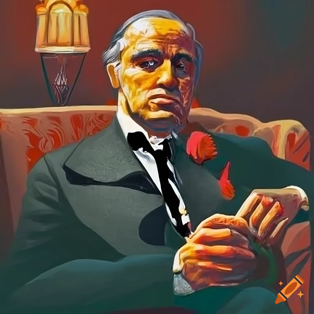 Michael Corleone sitting on a luxurious chair with a painting of Vito Corleone in the background