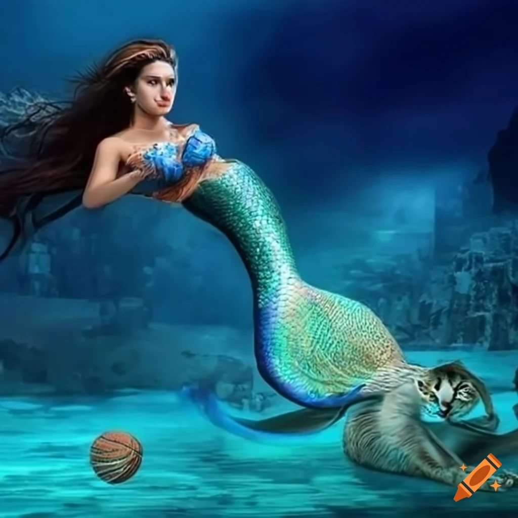 Mermaid playing basketball with Egyptian pyramids and cat audience
