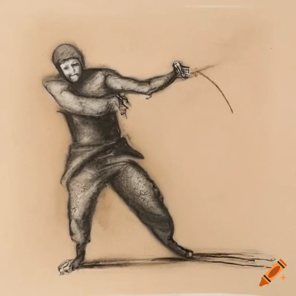 Ninja performing fighting technique in charcoal on tan paper