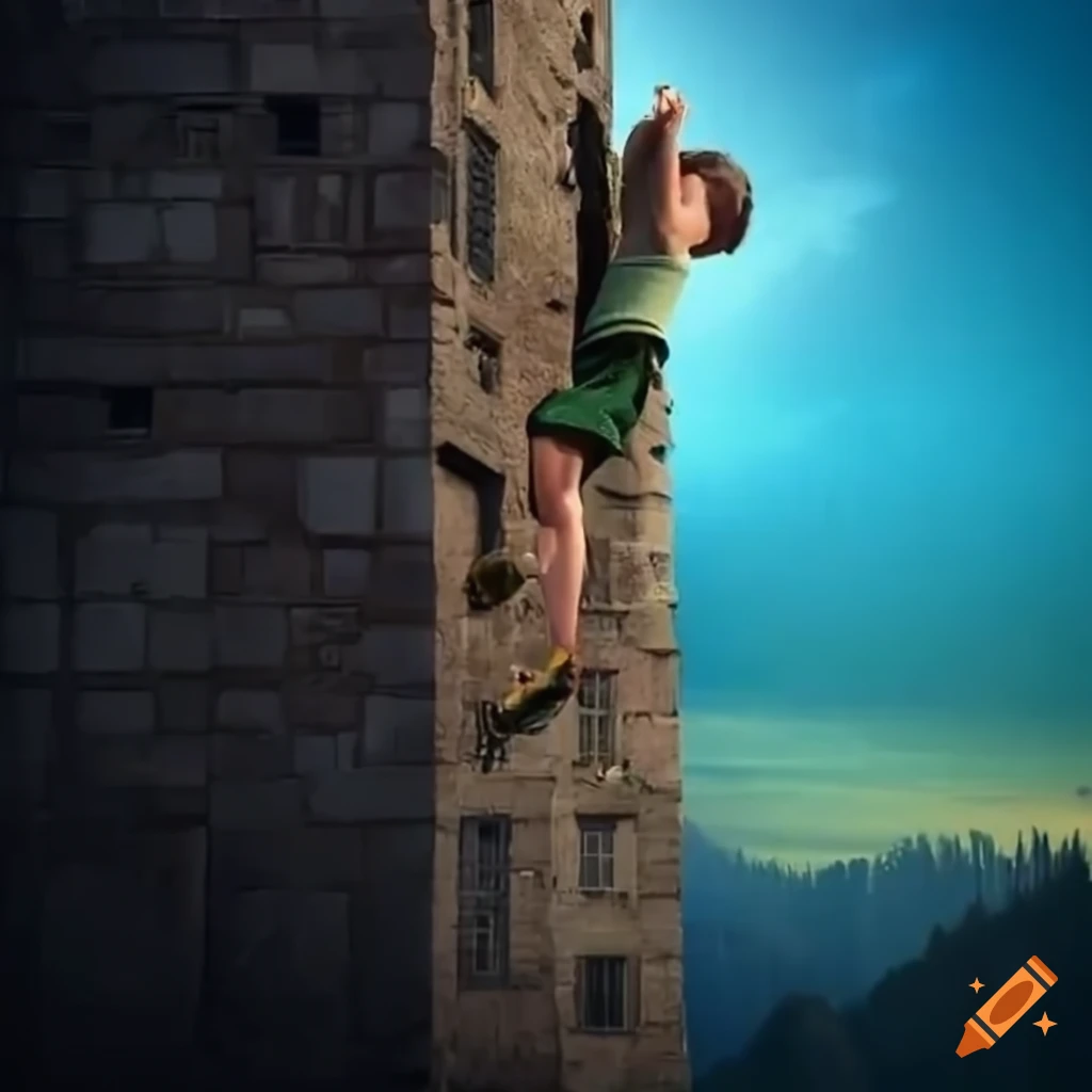 Thrilling scene of a boy climbing down from a tall castle
