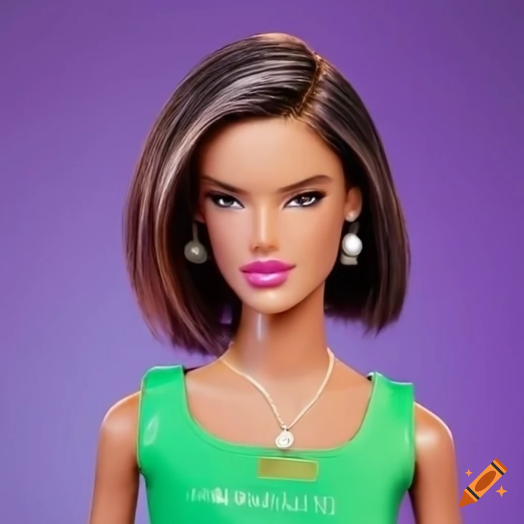 Alessandra Ambrosio as Barbie with a straight bob haircut in front of a purple background