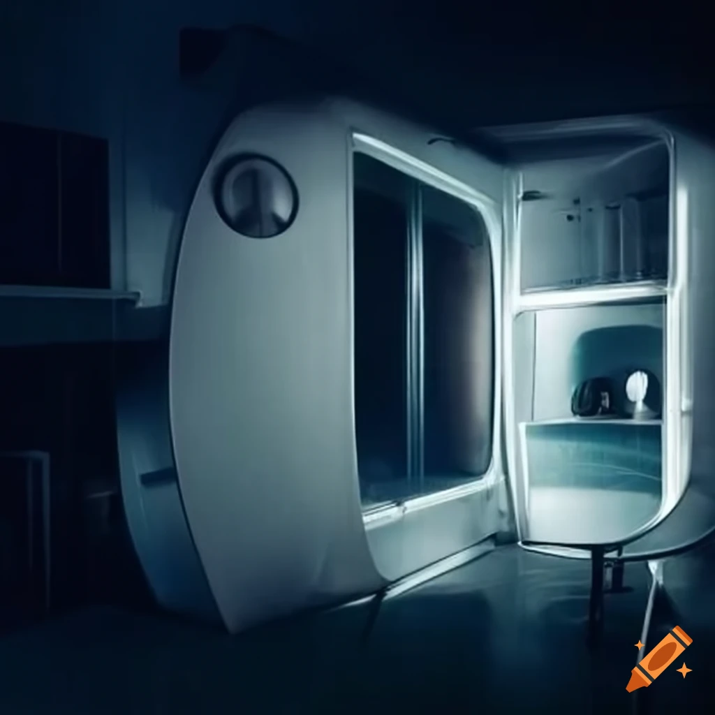 Retro-futuristic space colony pod kitchen with Japanese design