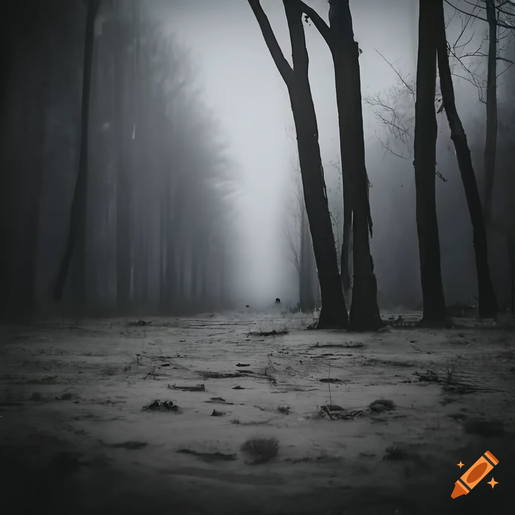 Abandoned trailer park in a foggy, eerie setting with dead trees