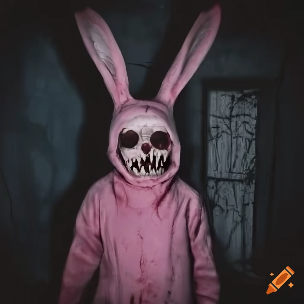 Creepy rabbit character in torn pink costume in an abandoned house on  Craiyon, image size:1024x1024