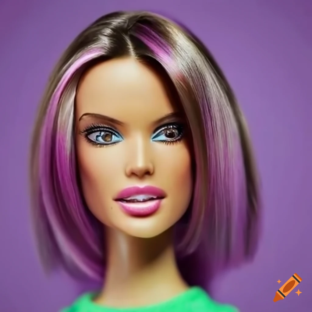 Alessandra Ambrosio as Barbie with a straight bob haircut in front of a purple background
