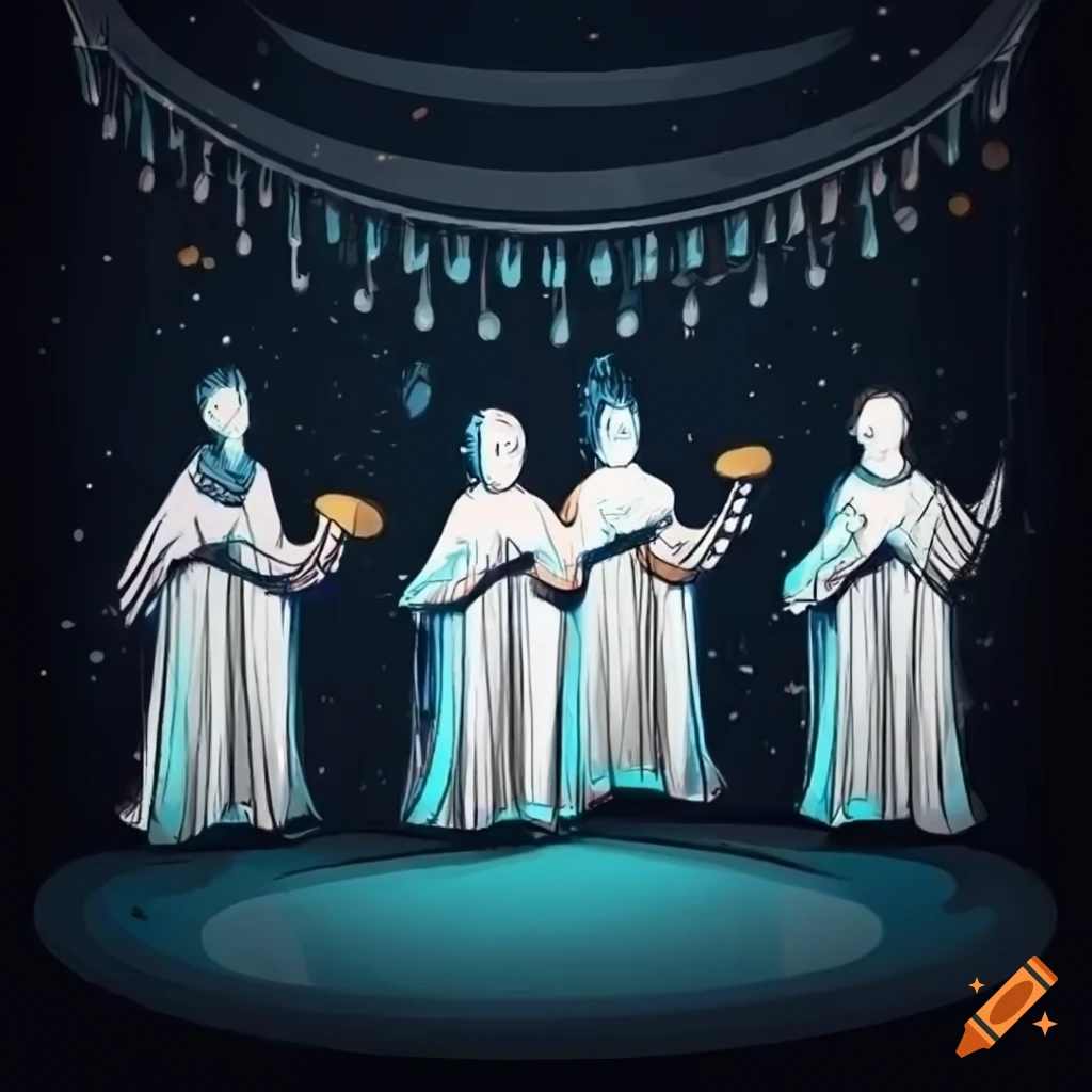Choir singing on stage with music notes drawings