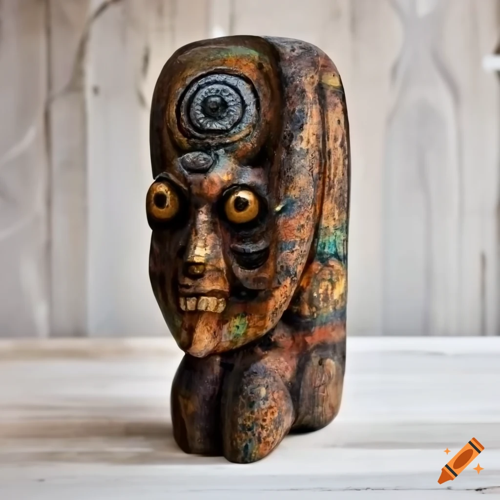 Rustic wooden idol of a Giger creature with Klimt-style painting