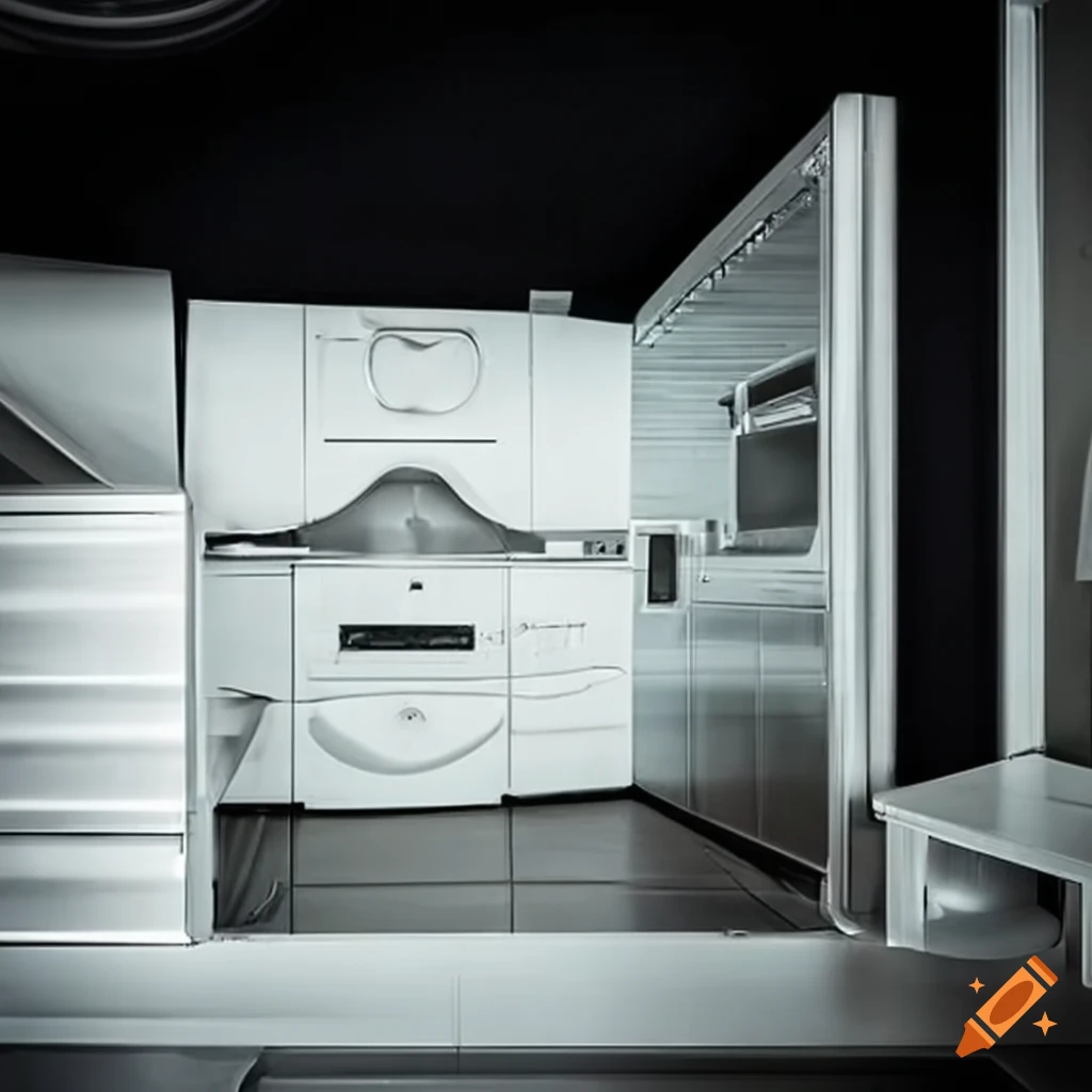 Retro-futuristic space colony pod kitchen interior with white plastic and stainless steel in Japanese style