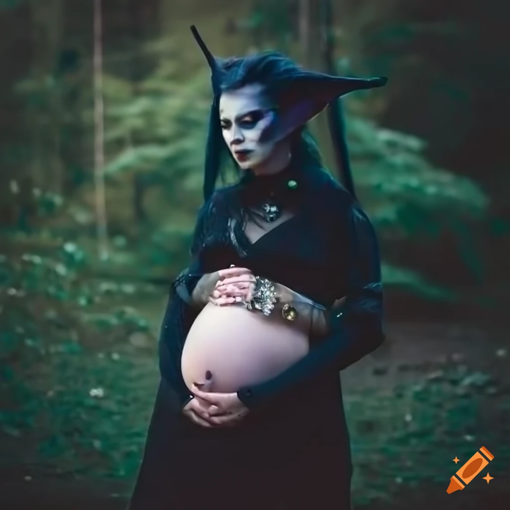 Elegant dark elf woman in punk-style clothing at an amusement park