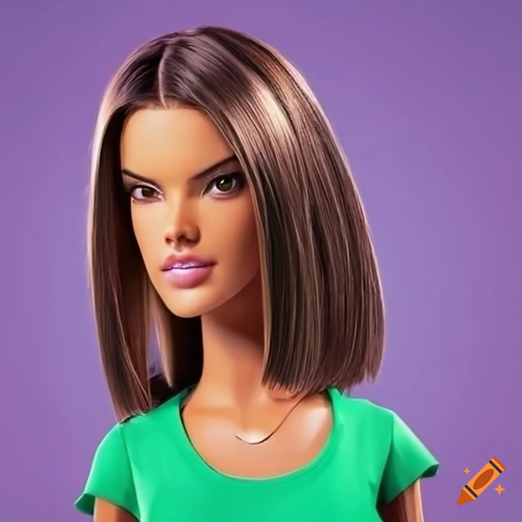 Alessandra Ambrosio as Barbie with a straight bob haircut in front of a purple background