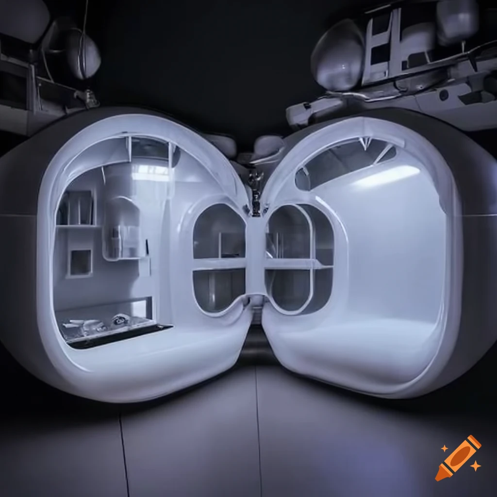 Retro-futuristic space colony pod kitchen with Japanese-style design