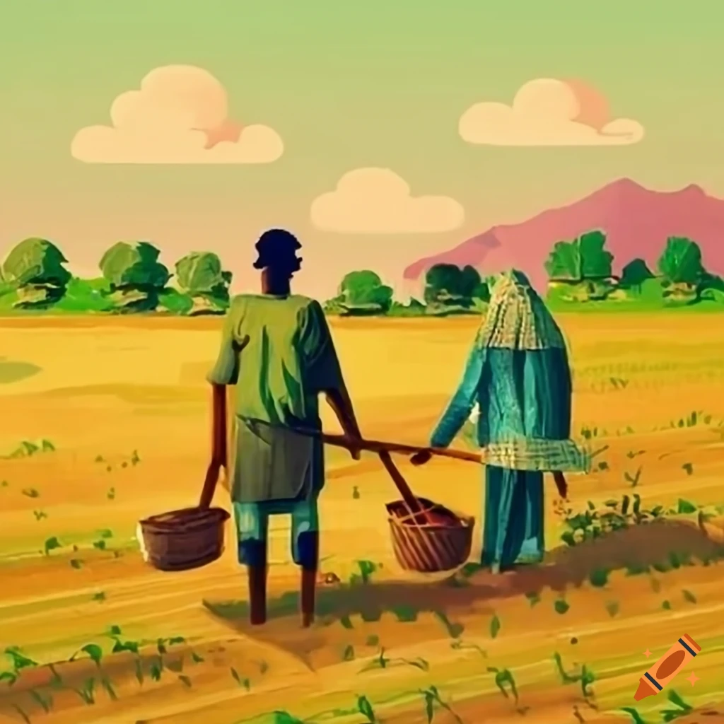 Modest village scene with farmer and wife working in the field