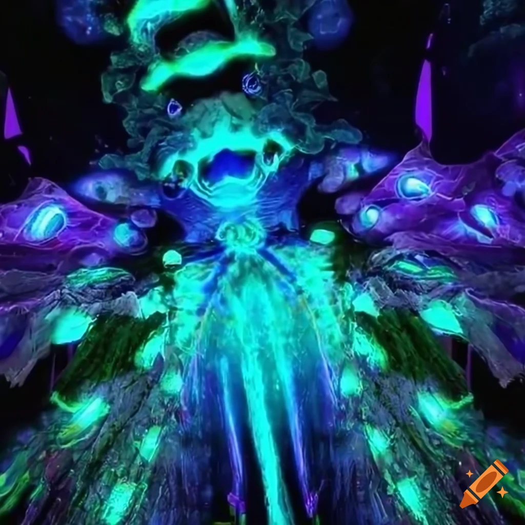 Biopunk paradise with glowing bioluminescent trees merging nature and technology