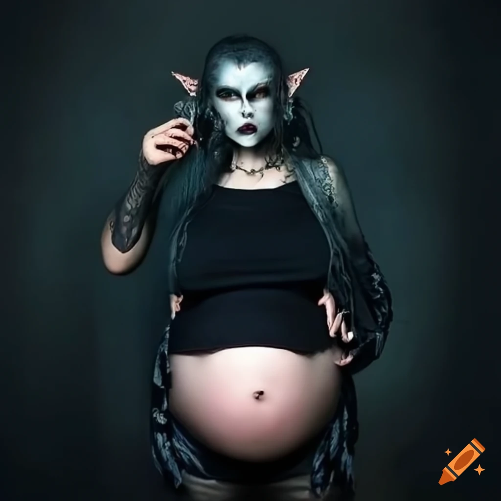 Pregnant dark elf punk girl with a giant belly in casual attire